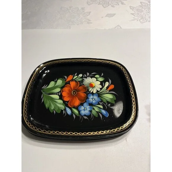5 Vintage Zhostovo Soviet Russian Hand Painted Flowers Toleware Trays Yeha 8x6” - Picture 13 of 15